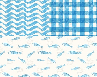 Blue Fish Gingham Waves Seamless Pattern: Coastal Summer Repeating Design (Digital Download)