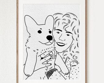 Custom Hand-Drawn Pet and Owner Portrait from Photo : Personalized Pet Gift