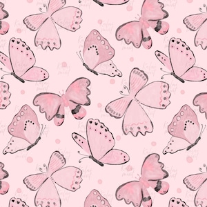 May include: A repeating pattern of pink butterflies with black accents on a light pink background. The butterflies vary in size and pose, with some wings open and others closed. The design has a watercolor effect.
