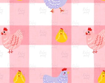 Country Retro Chicken in Pink Softened Checks Seamless Repeating  Pattern (Digital Download)