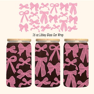 Pink Lace Bow Glass Can Wrap,Girly Glass Can Cup Wrap,16 oz Libbey Glass Can Tumbler Sublimation Design,Cute Ribbons Bows,Hand Drawn Bow png