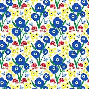 Padrão de repetição contínua de flores azuis e cogumelos vermelhos, arquivo digital para uso comercial, padrão floral azul, arquivo de padrão floral de 4 de julho