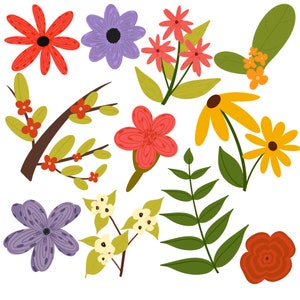 Cute Colorful Floral Illustration  - Red  Flower Clipart, Wildflower , leaves,Pink Flower - Instant Download - For personal & commercial use