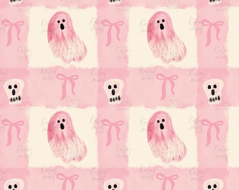 Preppy Pink Ghosts & Skulls  Gingham Check Seamless Pattern : Spooky Background (Digital File)