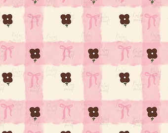 Preppy Fall Floral Seamless Pattern : Pink Cottagecore Gingham Check  (Digital Download)