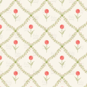 Puede incluir: Patrón floral acuarela con rosas rojas, tallos y hojas verdes sobre fondo crema. Las rosas están dispuestas en un patrón de cuadrícula, con bordes florales verdes. El texto "Kalai mint" está en marca de agua en la imagen.