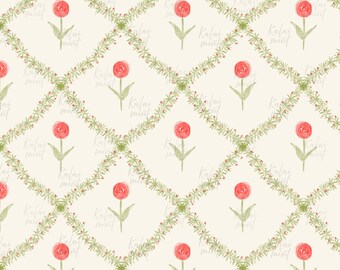 Watercolor Leaf Trellis With Rose Seamless Pattern: Preppy Floral (Digital Download)