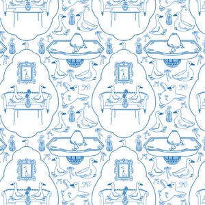 May include: A repeating pattern featuring blue line drawings on a white background. The design includes sofas, ducks, framed pictures, vases with flowers, and decorative trays. The overall theme is a whimsical, vintage-inspired design.
