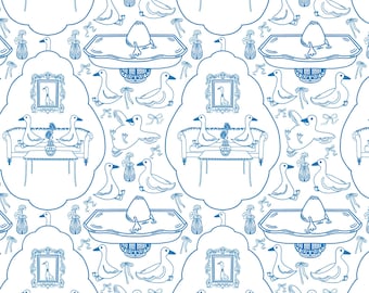 May include: A repeating pattern featuring blue line drawings on a white background. The design includes sofas, ducks, framed pictures, vases with flowers, and decorative trays. The overall theme is a whimsical, vintage-inspired design.