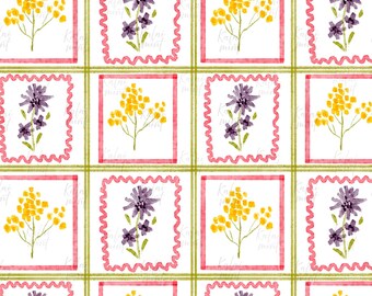 Wildflower Collage Repeating Pattern :  Seamless Watercolor Floral Stamps Print ( PNG Digital File 12x12in)