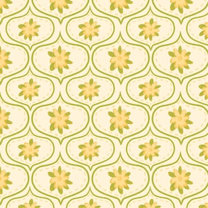 May include: A repeating pattern of yellow flowers with green leaves and stems on a cream background. The design has a retro, floral aesthetic, with each flower enclosed in a stylized oval shape.