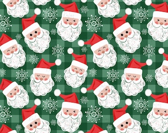 Santa Faces  Seamless Repeating  Pattern : Green Gingham  (Digital Download)