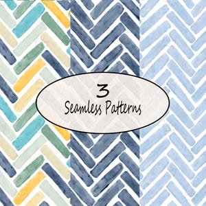 May include: Three seamless watercolor patterns in a herringbone design. The patterns feature a variety of colors, including blue, yellow, and green, on a white background. The text "3 Seamless Patterns" is in a white oval.