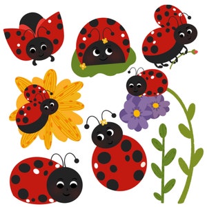 Carino set di clipart di coccinelle kawaii Clipart di coccinelle e fiori Foglie Download digitale Download immediato Uso personale Uso commerciale