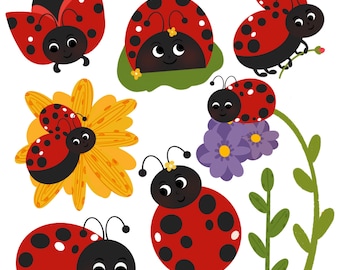 Kawaii Ladybug Clipart Set, Ladybugs and Flowers (Digital Download)