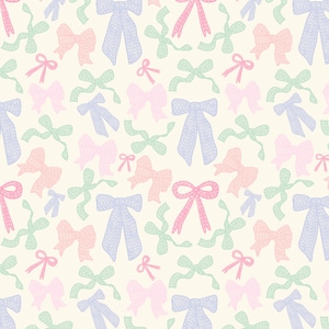 Può includere: Uno schema senza cuciture con fiocchi rosa pastello, blu e verdi con pois bianchi su uno sfondo crema.