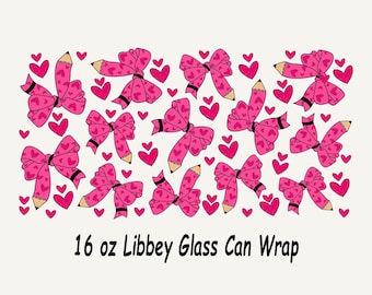 Teacher Valentine Pencil Bows 16 oz Libbey Glass Can Wrap (PNG Digital Download)