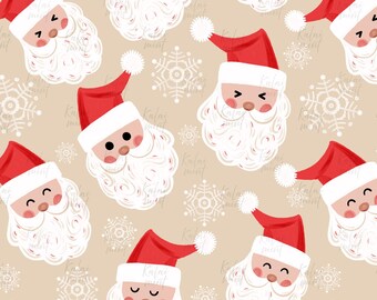 Tossed Santa Faces  Seamless Repeating  Pattern :  Warm Beige (Digital Download)
