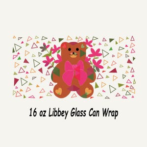 Envoltório de lata de vidro de urso de pelúcia fofo, png de coquete de dia dos namorados, design de sublimação de lata de vidro Libbey de 16 oz, envoltório de lata de vidro Kawaii, moderno