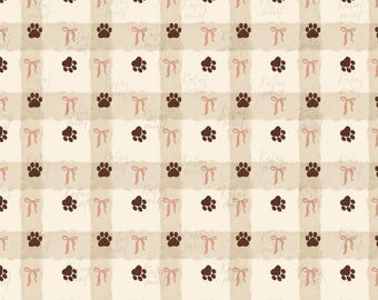 Fall Dog Paws & Bows Gingham  Seamless Pattern, Brown Cream Check (Digital Download)