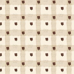 Papel digital con estampado floral otoñal sin costuras, cuadros vichy estilo cottagecore, marrón chocolate y crema, con motivos botánicos otoñales.