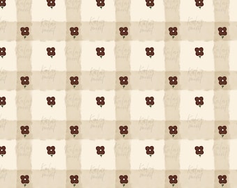 Fall Floral Seamless Pattern, Cottagecore Gingham Check, Chocolate Brown & Cream, Autumn Botanical Digital Paper
