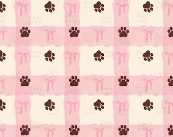 Preppy Dog Paws & Bows Gingham  Seamless Pattern, Pink Check (Digital Download)