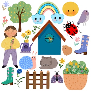 Cute Happy Spring Clipart Set Of- Ladybug,Flowers, Birds,Rainbow, Boots,House,Fence,Girl, - Instant Download - For personal & commercial use