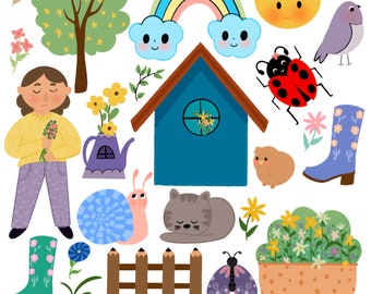 Cute Happy Spring Clipart Set Of- Ladybug,Flowers, Birds,Rainbow, Boots,House,Fence,Girl, - Instant Download - For personal & commercial use