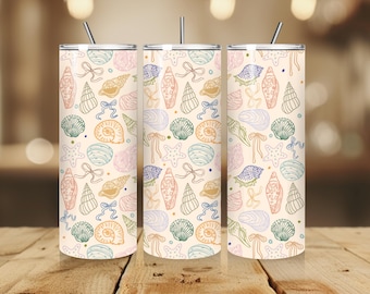 Coquette Sea Shell Tumbler Wrap: Pastel Bows Sublimation Design (Digital Download)