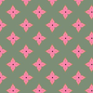 May include: A repeating pattern of pink floral shapes with a black center and gold trim, set against a muted green background. The design is symmetrical and creates a visually appealing, decorative effect.