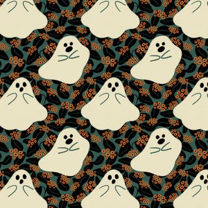 Floral Halloween Ghosts Seamless Repeating Pattern, Digital File for Commercial Use, Halloween Repeating Background, Spooky Digital file
