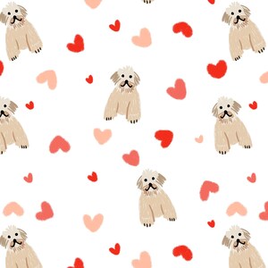 May include: A repeating pattern of cartoon-style dogs and hearts in shades of red and pink on a white background. The dogs are light brown with black details, and the hearts vary in size and shade.
