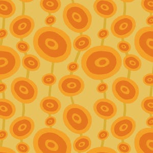May include: A repeating pattern of orange and yellow abstract shapes. The design features interconnected orange circles of varying sizes on a yellow background, creating a retro, organic feel. Suitable for fabric or wallpaper.
