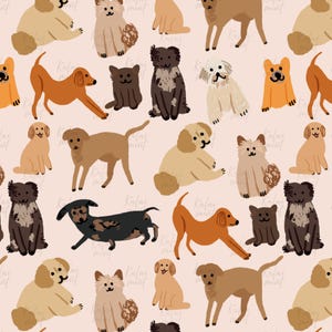 May include: A repeating pattern on a light pink background featuring various dog breeds in shades of brown, tan, black, and cream. The illustrations depict dogs in sitting, standing, and stretching poses, interspersed with the watermark text Kalai Mint.