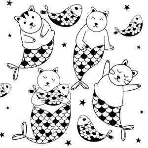 Kawaii Mermaid Cat Hand Drawn Outline Line Art PNG Clipart, Instant Download for Commercial Use