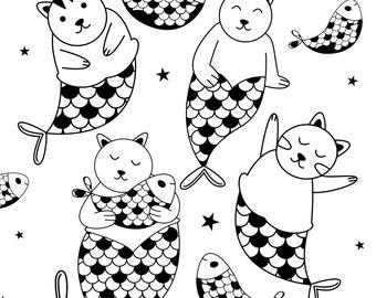 Clipart de gato sereia kawaii: arte em PNG desenhada à mão (uso comercial)
