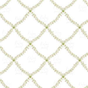 May include: A seamless pattern featuring a white background with a lattice design. The lattice is formed by green stems adorned with small red berries. The design is repeated across the image, creating a delicate and botanical aesthetic.