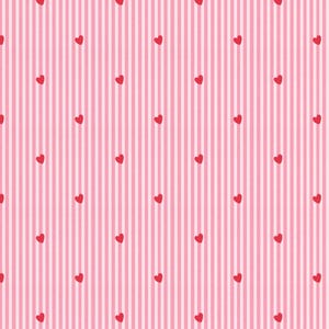 May include: A repeating pattern of vertical stripes in light and medium pink, interspersed with small red hearts. The hearts are evenly spaced across the striped background, creating a romantic and playful design.