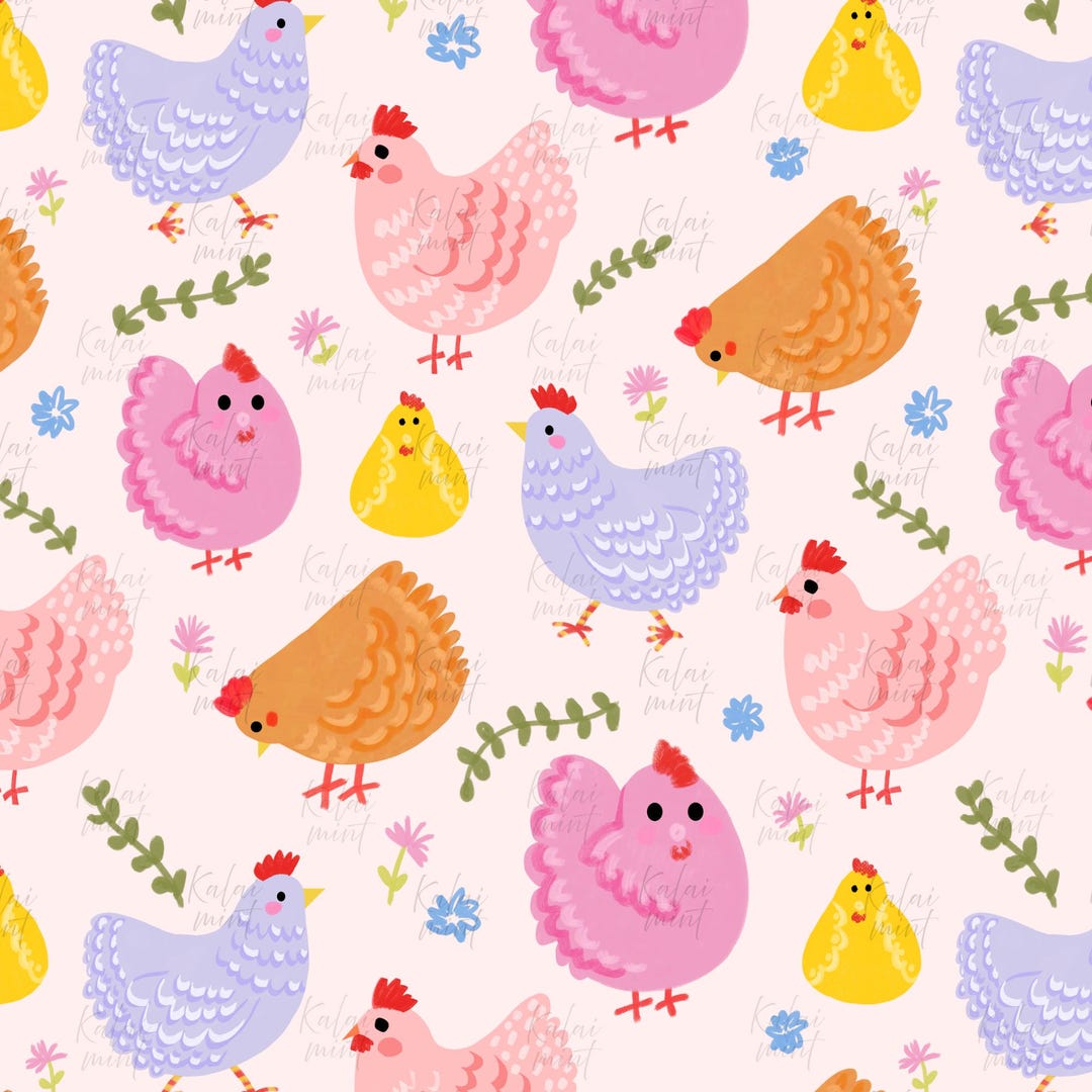Spring Chicken Pinkeep Pattern Spring Farm Chicken and Flower Seamless Pattern : Easter Repeating ...