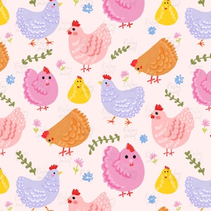 Op de afbeelding: Een herhalend patroon van kleurrijke cartoonkippen in verschillende poses. De kippen zijn in roze, oranje, geel en paars, met rode kammen en poten. Groene takjes en blauwe en roze bloemen zijn verspreid over het ontwerp.