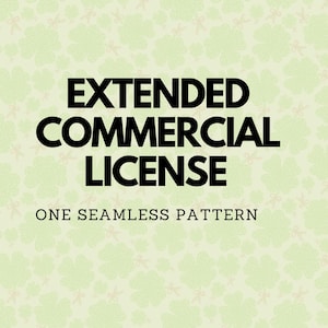 May include: Black text on a light green background with a pattern of small green four-leaf clovers. The text reads "EXTENDED COMMERCIAL LICENSE ONE SEAMLESS PATTERN".