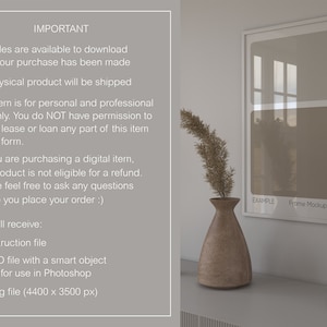May include: A framed art mockup with a neutral color palette, featuring a white frame and a minimalist design. A vase with dried flowers and a decorative vase are on a shelf. The text "EXAMPLE Frame Mockup Store" is visible.