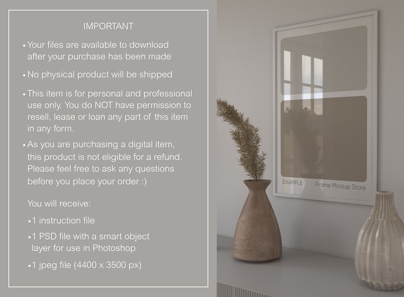 May include: A framed art mockup with a neutral color palette, featuring a white frame and a minimalist design. A vase with dried flowers and a decorative vase are on a shelf. The text "EXAMPLE Frame Mockup Store" is visible.