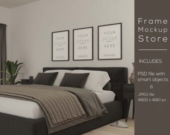 3 Frame Mockup, Bedroom Frame Mockup, Black White Mockup, Black Frame Mockup, Side View, Gallery Mockup, Neutral Frame Mockup, Set of Frames