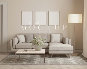 Scandinavian Frame Mockup, Beige Room Mockup, 3 Frame Mockup, Neutral Room Mockup, Wood Frame Mockup, Boho, Living Room Mockup, Gallery Wall