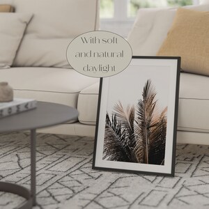 May include: A black framed print of palm trees with a white background. The print is sitting on a white couch with a beige throw pillow. The couch is in a living room with a coffee table and a patterned rug.