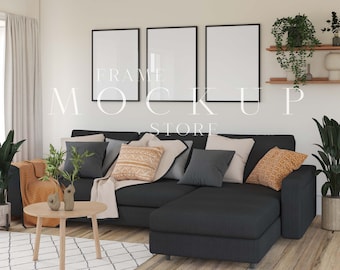3 Frame Mockup, Black Frame Mockup, Reflection Frame Mockup, Living Room Mockup, Black, Gallery Frame Mockup, Minimalist Mockup, Art Display