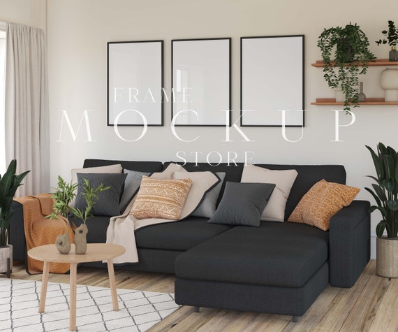 3 Frame Mockup, Black Frame Mockup, Reflection Frame Mockup, Living Room Mockup, Black, Gallery Frame Mockup, Minimalist Mockup, Art Display