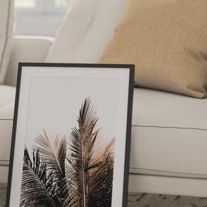 May include: A black framed print of a close-up of palm tree leaves against a white background.